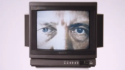 Hitler's eyes framed inside a TV screen as part of a promotion for the film, "The Meaning of Hitler."