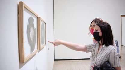 Visitors examine Mel Chin's "Revival Field Plant and Field Study," one of two student-selected works on display in the museum.