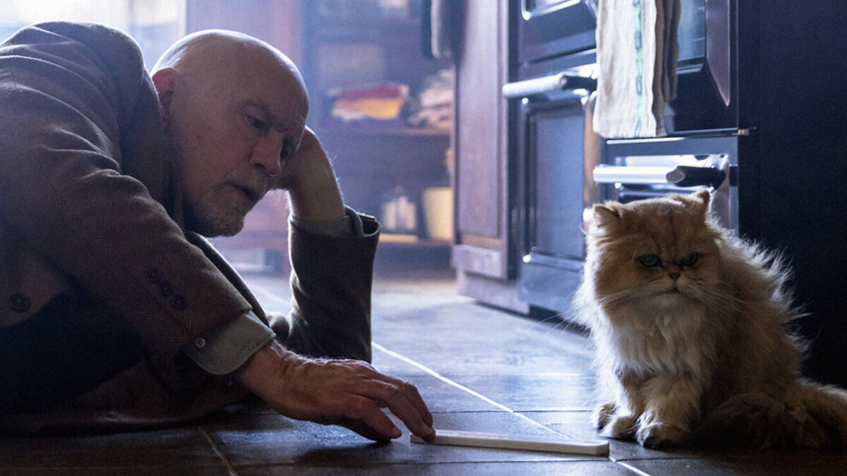John Malkovich tries to get a cat's attention with a stick in "Mr. Blake at Your Service!"