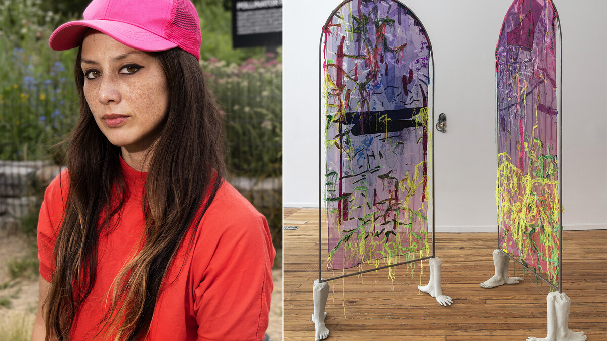 Left: Sara Jimenez. Right: Sara Jimenez, “Allegory of Continents” (solo exhibition), 2025, textiles, cement, steel, ceramic, dimensions variable.