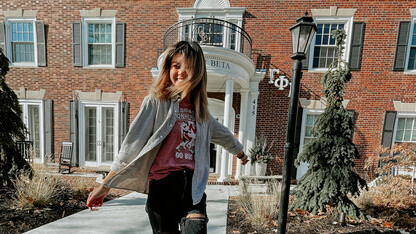 Christine Trinh outside the Gamma Phi Beta house