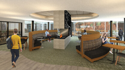 Rendering of the fireplace seating area in the Selleck Food Court.