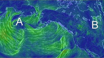 The weather disturbance that is predicted to impact the central plains on Feb. 2 is shown here east of Japan (near the "A") on Jan. 27. Some forecasting models predict the weather system will deliver 12-plus inches of snow in the region (Lincoln is near the "B"). However, UNL's Ken Dewey said it is simply too early to accurately predict the storm path or how much — if any — precipitation it will bring.