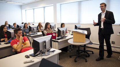 Matt Waite, professor of practice, leads a class discussion in UNL's Andersen Hall. Waite is one of 90 selected to take part in a media innovation event organized by Al-Jazeera.