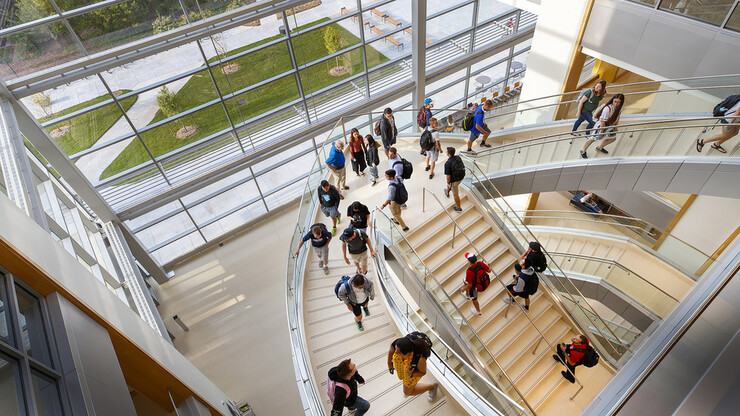 Students go to class in the new Howard L. Hawks Hall, home to Nebraska Business.