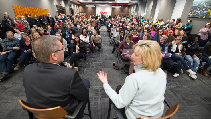 Nebraska's Donde Plowman (right) and Ronnie Green lead the faculty/staff listening session held Feb. 9 in the Nebraska Union. | Greg Nathan, University Communication