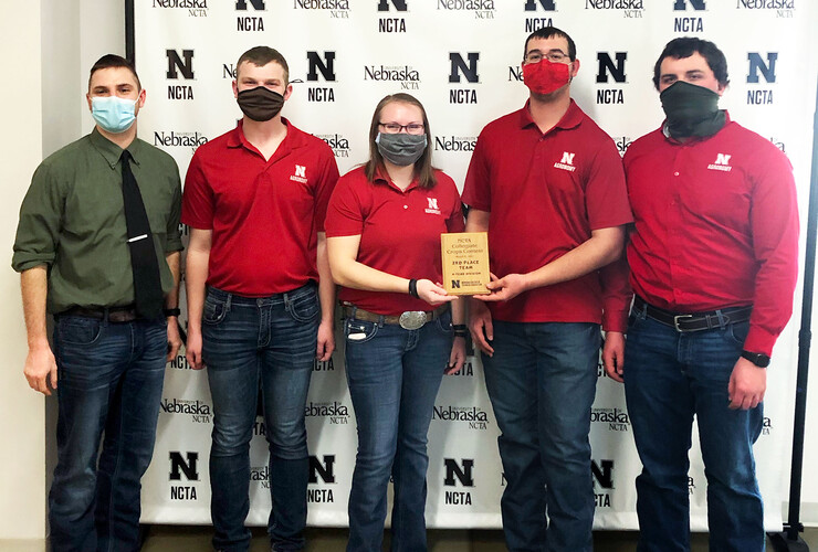 The UNL Crops Judging Team earns third place at the NCTA Collegiate Crops Contest March 6 in Curtis, Nebraska. Coach Adam Striegel (from left) stands with team members Jared Stander, Katie Steffen, Korbin Kudera and Jacob Vallery.