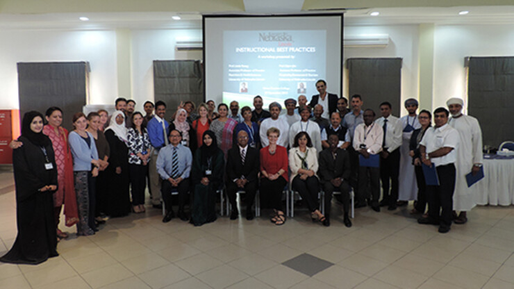 Dipra Jha and Linda Young (front row center) presented a workshop Sept. 29 at Oman Tourism College.