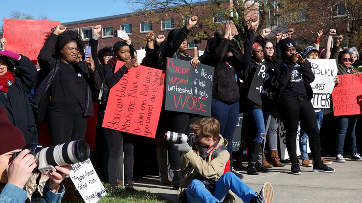 Participants react during the "Black Lives Matter" rally at UNL on Nov. 19. The event attracted hundreds of students, faculty, staff and the public.