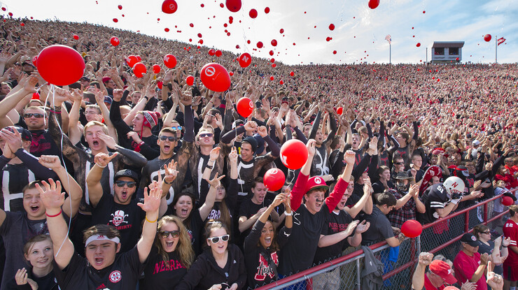 The student section celebrates the first touchdown in Nebraska football’s Sept. 14, 2013 game with UCLA in Memorial Stadium.