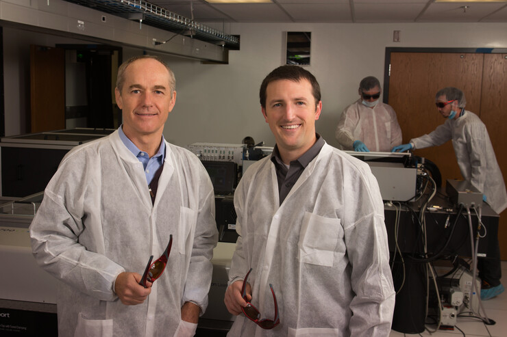 Donald Umstadter, director of the Diocles Extreme Light laboratory and  leader of the research project, with doctoral student Nathan Powers, the first author of the Nature Photonics article. 