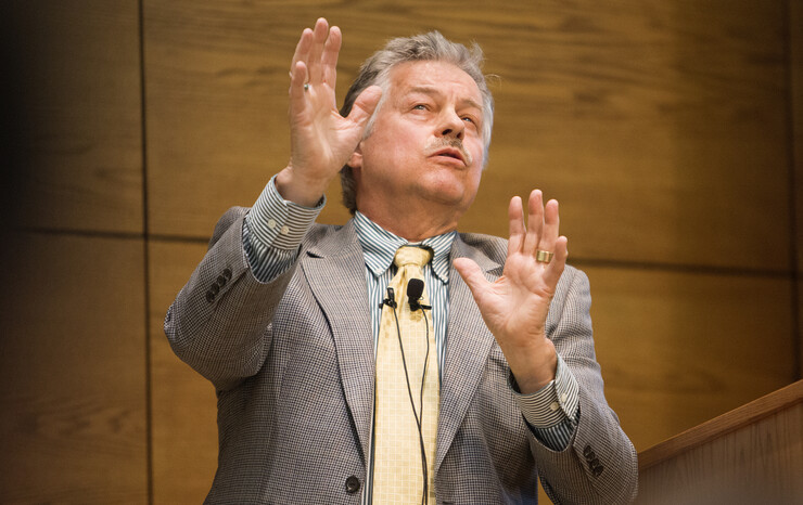 Stephen Behrendt reacts during his April 16 Nebraska Lecture on the importance of the humanities.