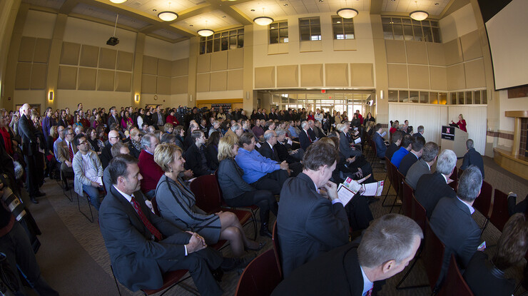 The March 4 CBA building groundbreaking opened with remarks, a video and music performances inside UNL's Kauffman Academic Residential Center.