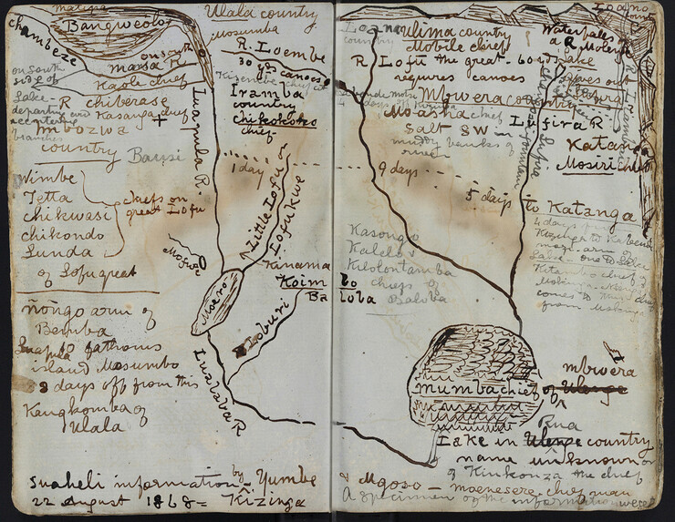 A small map featured in one of the last journals of David Livingstone, who explored Africa in the mid-1800s.