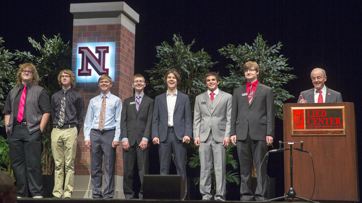 As part of his 2015 State of the University Address on Sept. 30, Chancellor Harvey Perlman introduced first-year UNL students who earned perfect scores on the ACT or SAT. Pictured (from left) is Nicholas Leyden, Henry Harrison, Cooper Knaak, Zach Warneke, Dylan Gray, Lambroz Karkazis and Alex Eitzman. Not pictured and unable to attend were Ryder Mays and Naomi Samuel.