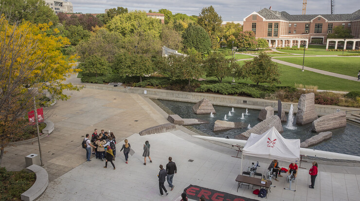 Members of the Thompson Scholars give a free group hug on the Nebraska Union Plaza on Oct. 9. The project was part of a sociology class experiment.
