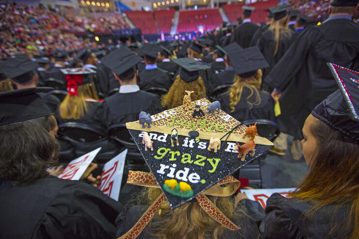 Kelly Campbell's decorated mortarboard stands out in the crowd. Campbell earned a bachelor of science in animal science degree.