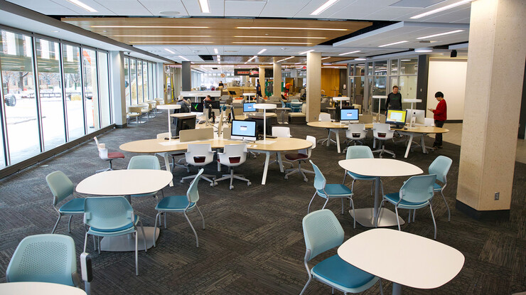 Library and construction workers complete final projects within UNL’s Learning Commons at Love Library on Jan. 8. The new $10 million, 30,000-square-foot academic hub on the first floor of Love Library North opens Jan. 11. It will be open 24 hours a day.