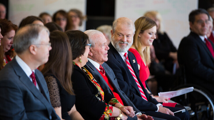 Members of Adele Coryell Hall's family take part in the learning commons ceremony on March 28. Adele Hall is a University of Nebraska alumna who graduated in 1953.
