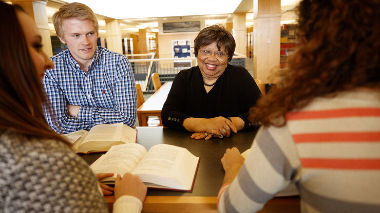 Nebraska's Anna Shavers visits with students in the Schmid Law Library in 2017. Shavers died Jan. 22 after nearly 33 years of service at Nebraska U.