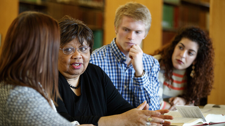 Nebraska's Anna William Shavers with students in the Schmid Law Library. An incredible teaching and advocate who made a tremendous impact on thousands and will be greatly missed near and far from Dear Old Nebraska U.