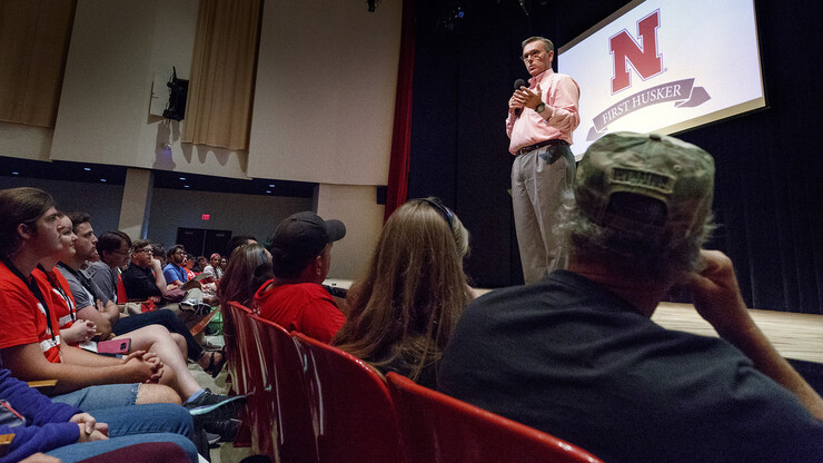 Chancellor Ronnie Green talks during a First Husker orientation session on Aug. 13. Green, who was a first-generation college student, is among the more than 300 faculty and staff who have volunteered for the First-Generation Nebraska program.