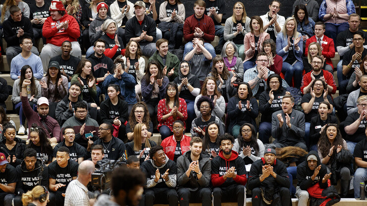 More than 1,500 members of the campus community participated in a student-led "Hate Will Never Win" rally at the Coliseum on Feb. 14. The slogan was launched by the Huskers men's basketball team and has gained wide acceptance by Nebraska's student body.