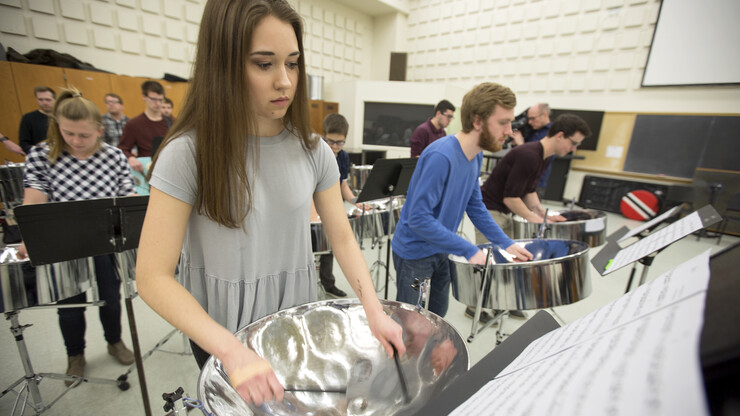Olivia Boldt, a freshman music major from Madison, South Dakota, plays with fellow Nebraska Steel members in Westbrook Music Building. The ensemble includes undergraduate and graduate students, all of which are part of Nebraska's percussion studio.