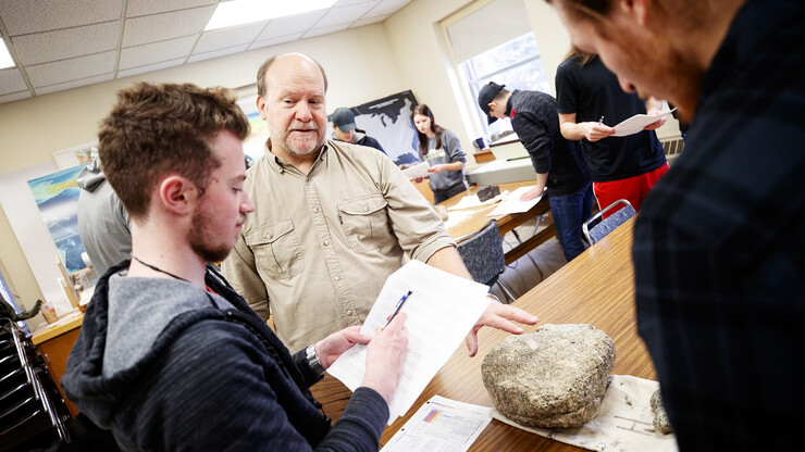 Nebraska’s David Harwood answers a question from Jackson Belva during a Geology 125: Frontiers in Antarctic Geosciences course. The class is based on Harwood’s experience in Antarctica. He returns this season as a principal investigator in the National Science Foundation-funded SALSA project.