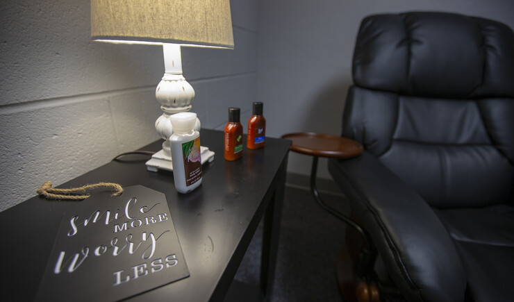 The relaxation room offered through the Employee Assistance Program includes scented lotions and a recliner. The entire space is designed to help faculty and staff learn how to relax and reduce stress.