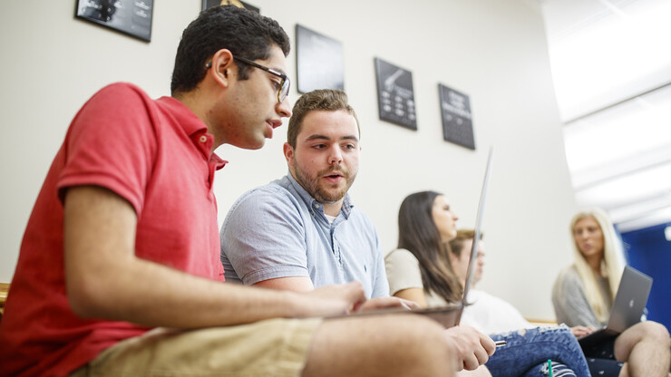 Luke Bogus (second from left) and other Raikes School students study together during the fall 2019 semester.