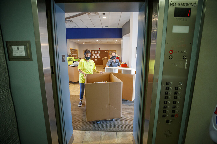 Students and family members used the stairs to avoid congestion in the lobby so the USS movers could use the elevators to take the student possessions to their rooms.