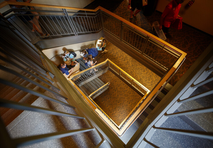 Students and parents use the Knoll Residence Center stairs to keep the elevators free for the moving crew.