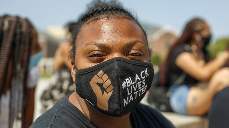 Dominique Liu-Sang wears a Black Lives Matter mask during the sit-in sponsored by the Black Student Union on Aug, 25. The event was held to draw attention to the shooting of Jacob Blake in Kenosha, Wisconsin.