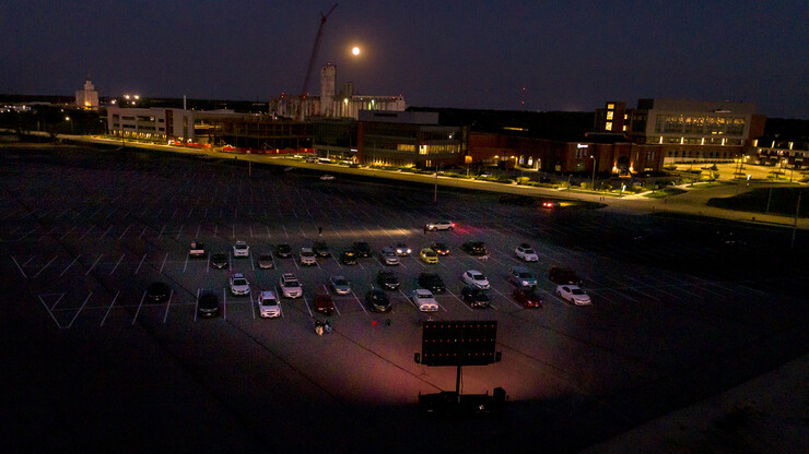 Cars lineup for the Sept. 30 screening of James Le Sueur's historical documentary "The Art of Dissent." The screening was hosted by Nebraska Innovation Campus.