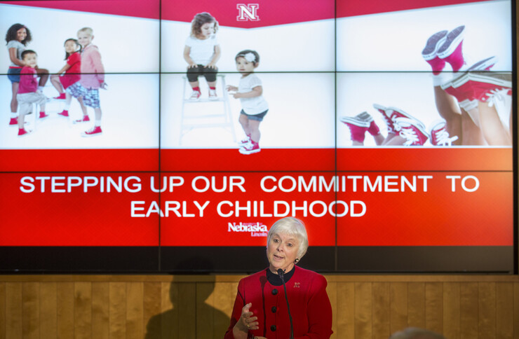 Marjorie Kostelnik, dean of the College of Education and Human Sciences, talks about the early childhood development initiative on Sept. 24.