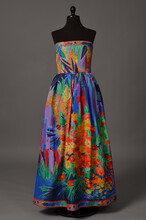 Printed evening dress by designer David Tribouillard for Leonard Fashion (France), from the wardrobe of Avery Woods; gift of Woods to the Historic Costume Collection.