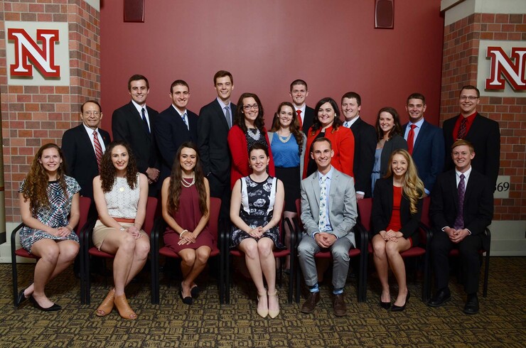 Participants in the 2016 Outstanding Student Leadership Awards event on April 22 were (seated, from left) Hannah Rogoz, Morgan Battes, Andrea Gurney, Sydney Goldberg, Nicholas Knopik, Kristina Zvolanek and Conner Kozisek; (standing, from left) Juan Franco, Blake Jeffres, Farid Farkouh, Zachary Van Ede, Annie Lundeen, Emily Coffey, Brett Begley, Linsey Armstrong, Dalton Dey, Sydni Rowen, Mitchell May and Jeffrey Wallman. Not pictured are Drew Cavanaugh, Earl Johnson and Caitlin Kunz.