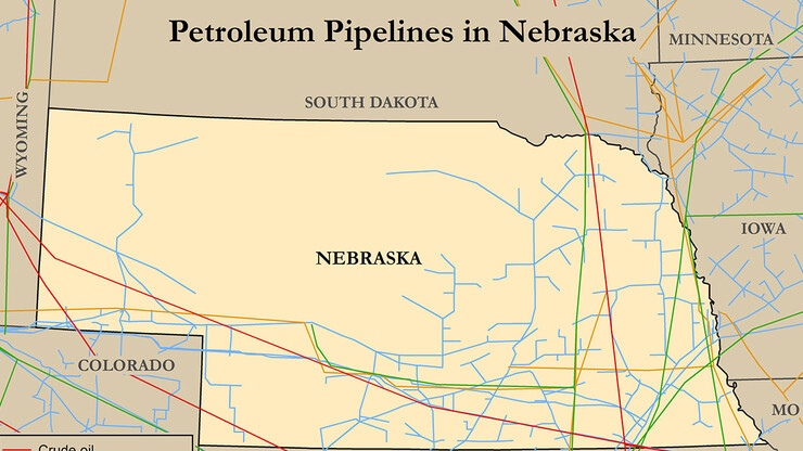 This map, from the publication "Assessing Petroleum Pipelines – Facts and Safety," shows existing petroleum pipelines in Nebraska as of 2014, including crude oil, petroleum products, natural gas and hydrocarbon gas liquids.