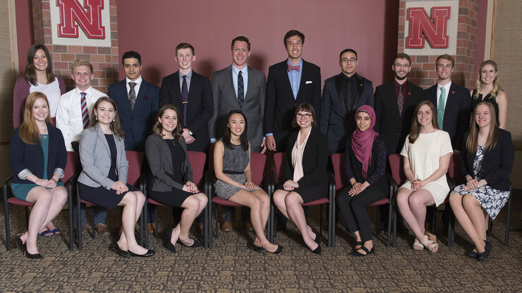 Participants in the 2018 Outstanding Student Leadership Awards event on April 13 were (standing, from left) Regan Burnham, Chase Caverzagie, Hadi Alsafwani, Trent Hoppe, Calan Koch, Evan Lindblad, Yaid Puente Jimenez, Colton Harper, Jackson Grasz and Kali Rimington; (seated, from left) Catherine Nyberg, Emma Fryda, Emily Jezewski, Annie Hua, Kristin Arens, Sonoor Majid, Lauren Maciejewski and Emily Wagner. Not pictured are Bethany Karlberg and Samantha Teten.