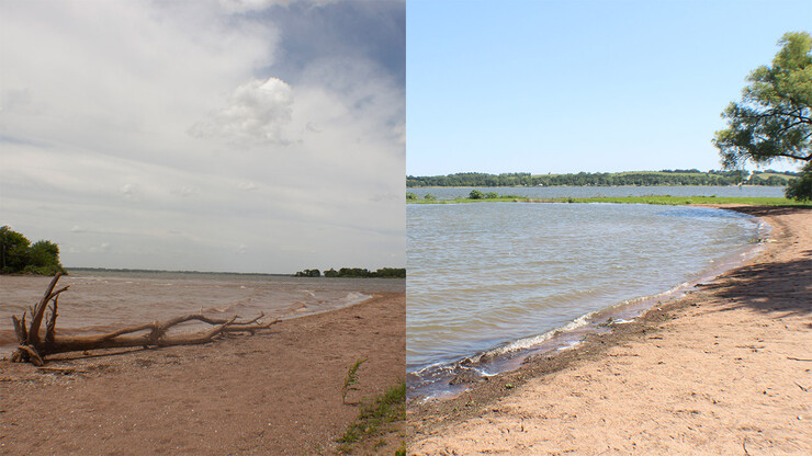 Cheney Reservoir (left), in extreme drought, and Branched Oak State Recreation Area, under near-normal conditions. With water-based landscapes, survey participants strongly preferred non-drought locations.