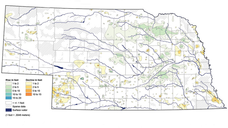This map from the 2018 Nebraska Statewide Groundwater-Level Monitoring Report shows groundwater-level changes in Nebraska from spring 2017 to spring 2018.