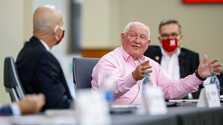 U.S. Secretary of Agriculture Sonny Perdue speaks during a Sept. 4 panel discussion at Nebraska Innovation Campus, flanked by Nebraska Gov. Pete Ricketts (left) and University of Nebraska–Lincoln Chancellor Ronnie Green.