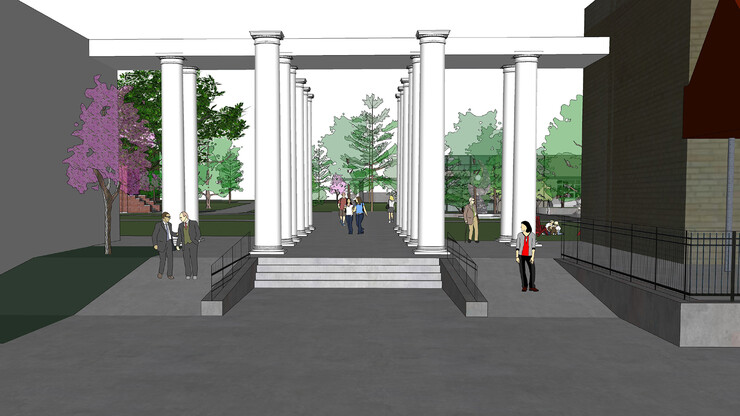 A preliminary drawing featuring the university's historic columns standing in the redesigned entrance at 11th and R streets.