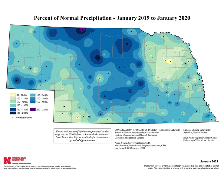 Nebraska received so much more precipitation from January 2019 to January 2020 that a new color, purple, was added to one of the maps included in the recently released 2020 Nebraska Groundwater-Level Report.