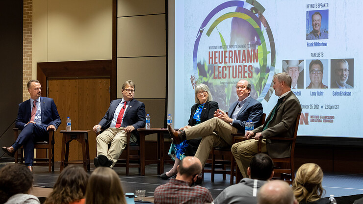 The panel discussion featured (from left) Mitloehner, Conagra Foods research fellow Larry Quint, Anselmo rancher Barb Cooksley, National Cattlemen’s Beef Association CEO Colin Woodall and Cattle Industry Professor of Animal Science Galen Erickson.