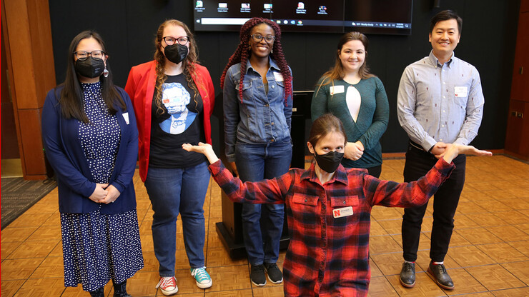 The finalists in the first-ever Student Research Days Slam were (back row, from left) Winifred Waters, Crystal Uminski, Chinemerem Ogbu, Fiona Callahan and Bowen Yang. Organizer and host Jocelyn Bosley is in front.