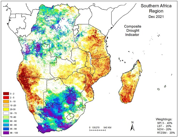 This composite drought indicator map for southern Africa for December 2021 shows conditions approaching 1 in 50-year occurrences of civic unrest in Namibia and Angola to the west and Mozambique, Tanzania and Madagascar to the east. It combines four indicators of drought: a three-month standardized precipitation index, land surface temperature, normalized differentiated vegetation index and root zone soil moisture.