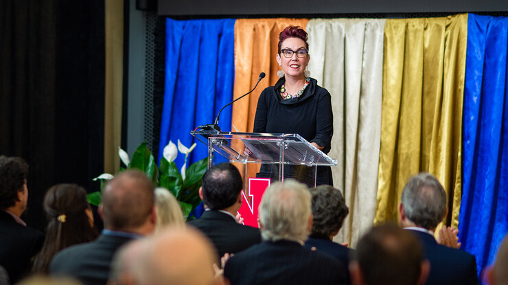 Megan Elliott speaks at the dedication of the Johnny Carson Center for Emerging Media Arts in 2019.