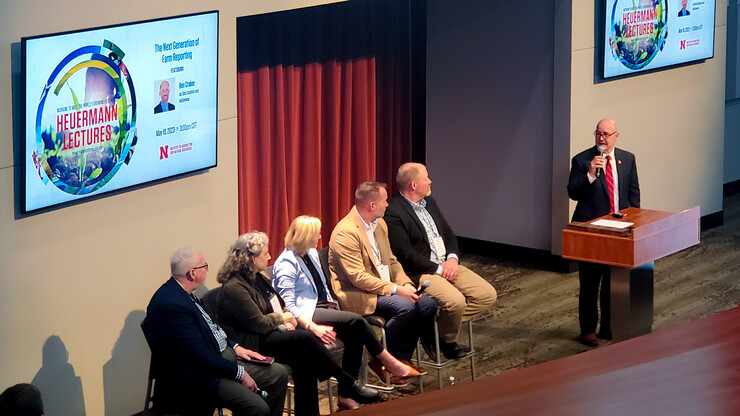 The expert panel during the May 10 Heuermann Lecture consisted of (from left) Graham Plastow, Cynthia Parr, Amy Winstead, Tom Eikhoff and Ben Craker. Mike Boehm (right), NU vice president for agriculture and natural resources and Harlan Vice Chancellor for the Institute of Agriculture and Natural Resources, moderated.